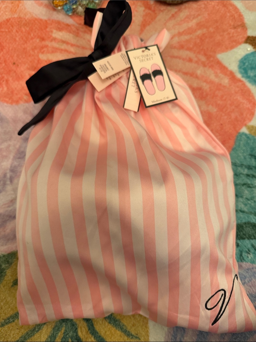 Victoria's Secret Pink & White Striped Satin Drawstring Bag with slippers